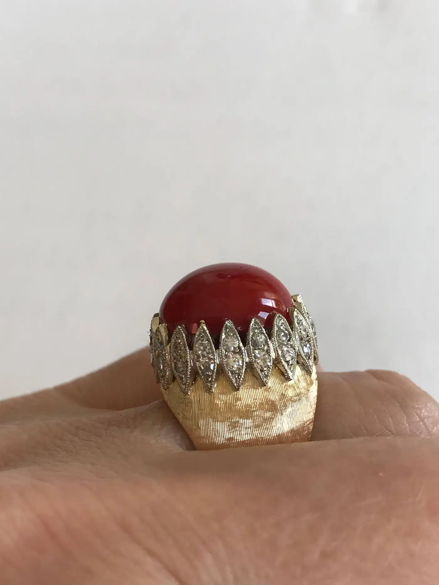 Vintage Italian Red Coral Diamond Yellow Gold Ring Vintage Italian Red Coral Diamond Yellow Gold Ring