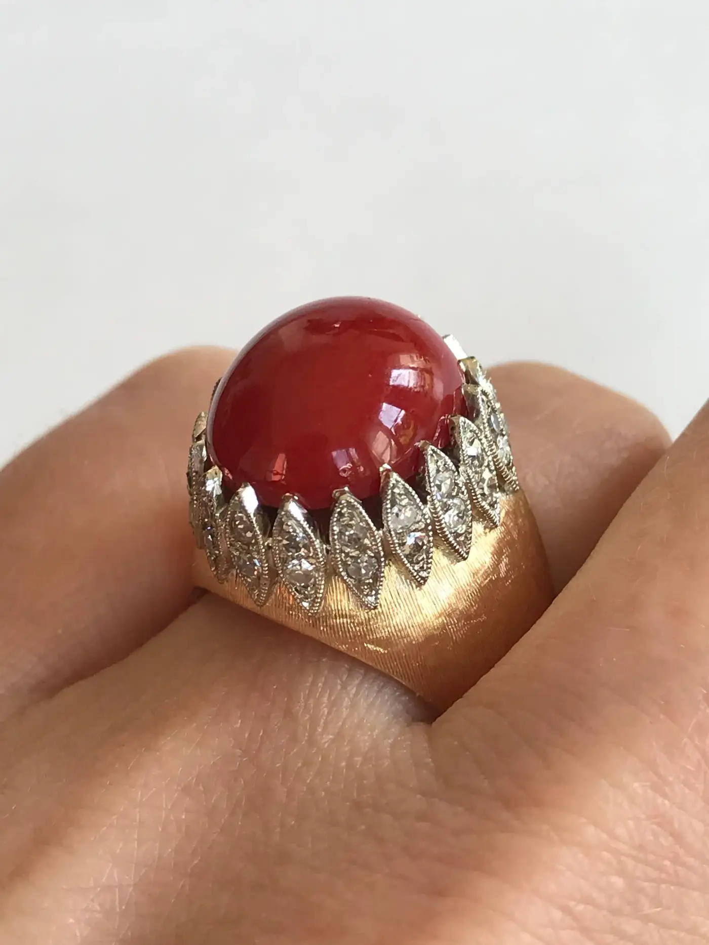 Vintage Italian Red Coral Diamond Yellow Gold Ring Vintage Italian Red Coral Diamond Yellow Gold Ring
