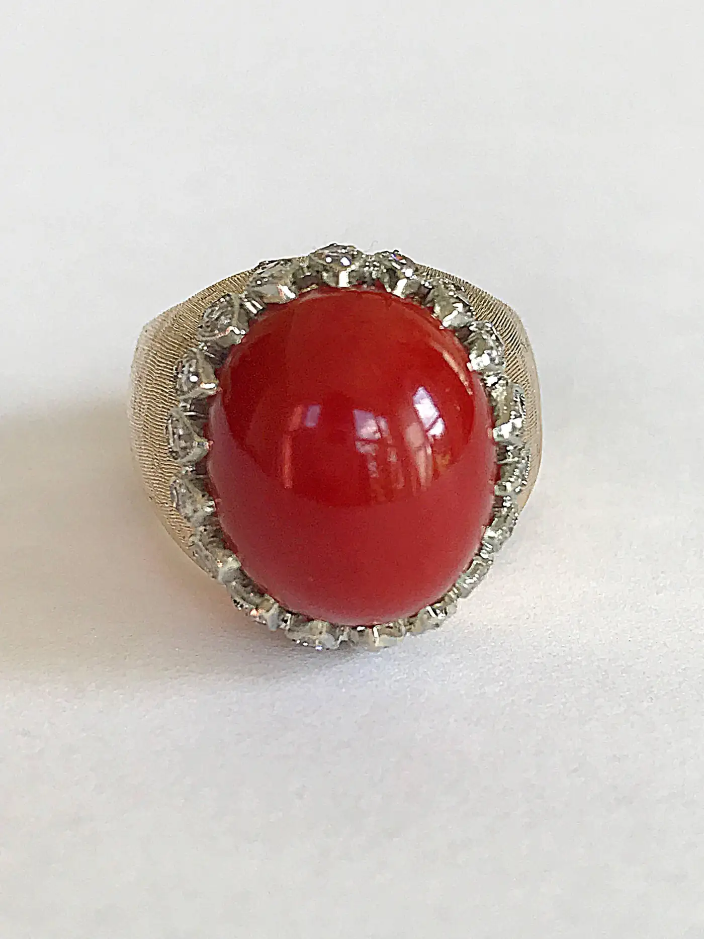 Vintage Italian Red Coral Diamond Yellow Gold Ring Vintage Italian Red Coral Diamond Yellow Gold Ring
