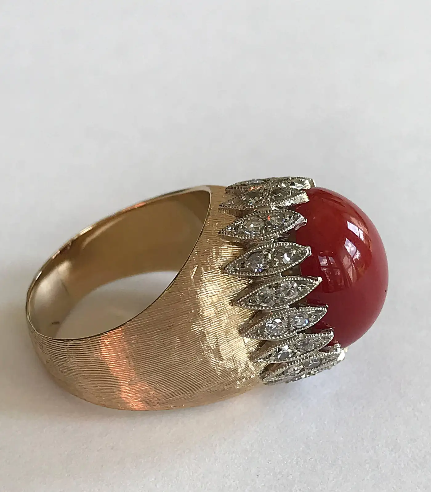 Vintage Italian Red Coral Diamond Yellow Gold Ring Vintage Italian Red Coral Diamond Yellow Gold Ring