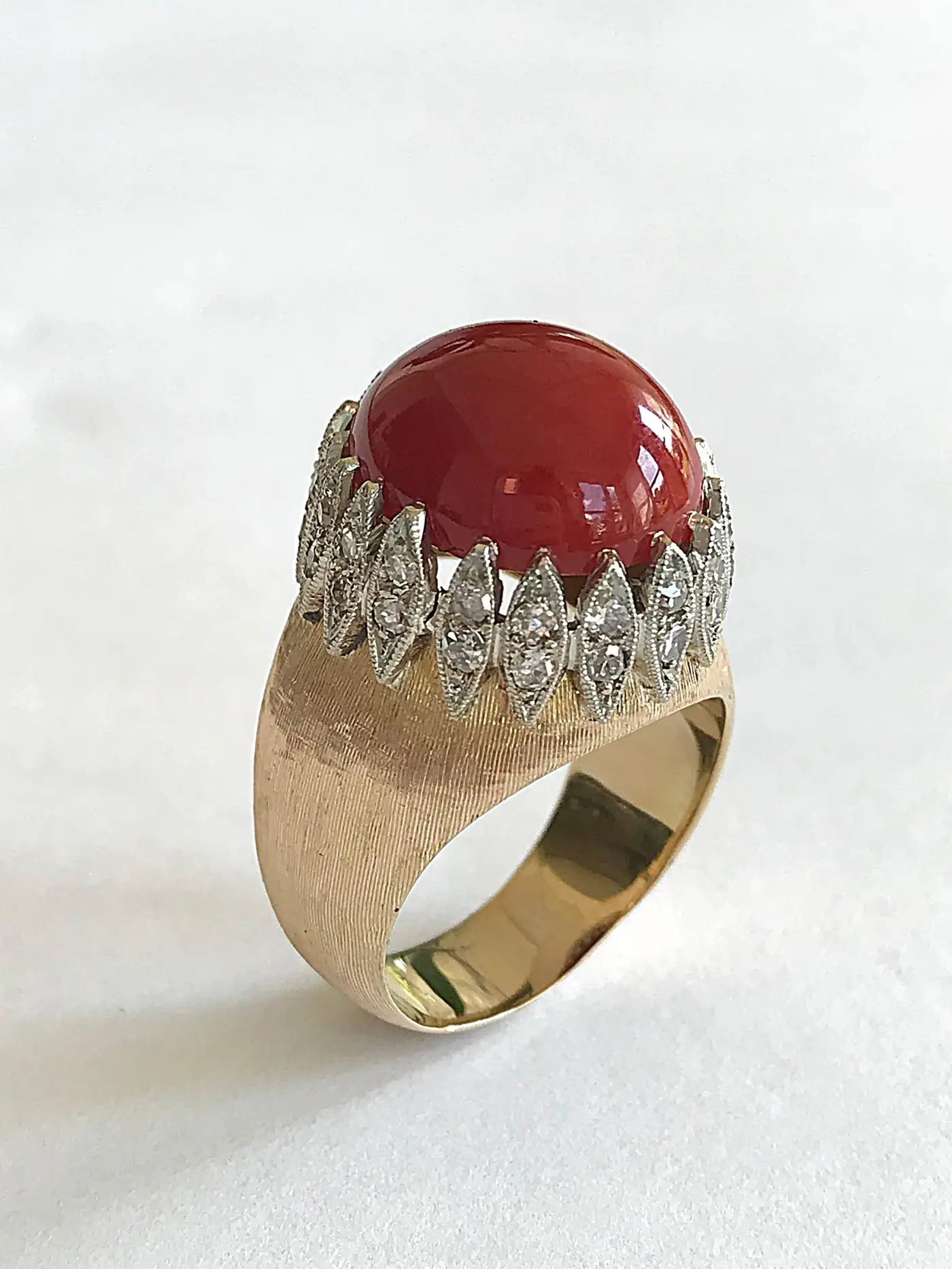 Vintage Italian Red Coral Diamond Yellow Gold Ring Vintage Italian Red Coral Diamond Yellow Gold Ring
